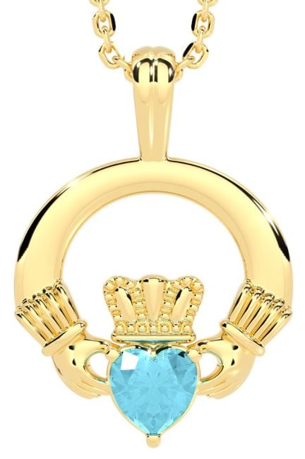 Gold Aquamarine Irish Claddagh Pendant Necklace - March Birthstone