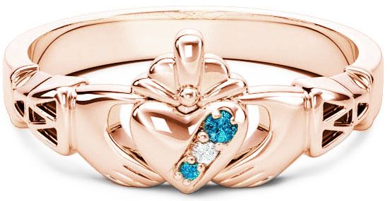 10K/14K/18K Rose Gold Genuine Aquamarine.035cts Genuine Diamond .1cts Claddagh Celtic Knot Ring - March Birthstone