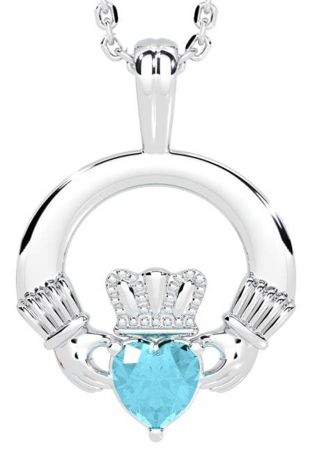 White Gold Aquamarine Irish Claddagh Pendant Necklace - March Birthstone