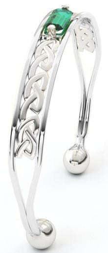 14K White Gold over Solid Silver Emerald Celtic Bangle Bracelet