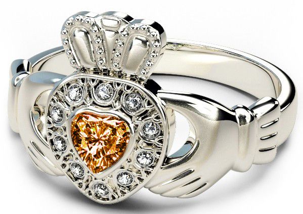 10K/14K/18K White Gold Genuine Diamond .13cts Citrine .25cts Claddagh Engagement Ring - August Birthstone 