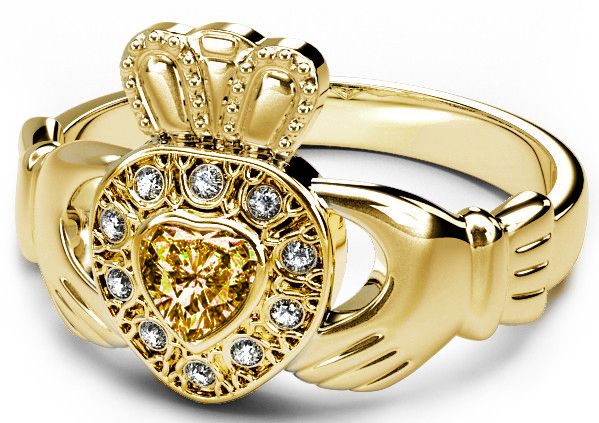 10K/14K/18K Gold Genuine Diamond .13cts Citrine .25cts Claddagh Engagement Ring - August Birthstone 