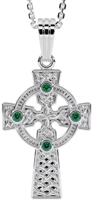 White Gold Genuine Emerald .12cts Celtic Cross Pendant Necklace