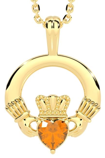 Gold Citrine Irish Claddagh Pendant Necklace - November Birthstone