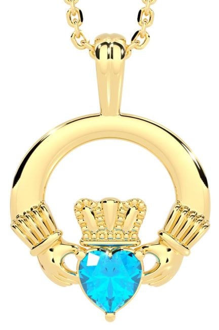 Gold Topaz Irish Claddagh Pendant Necklace - December Birthstone