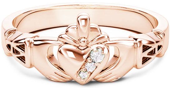 10K/14K/18K Rose Gold Genuine Diamonds .135cts Claddagh Celtic Knot Ring - April Birthstone