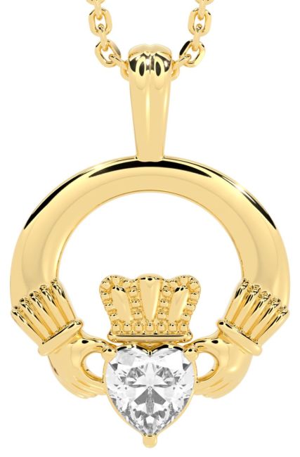 Gold Diamond Irish Claddagh Pendant Necklace - April Birthstone