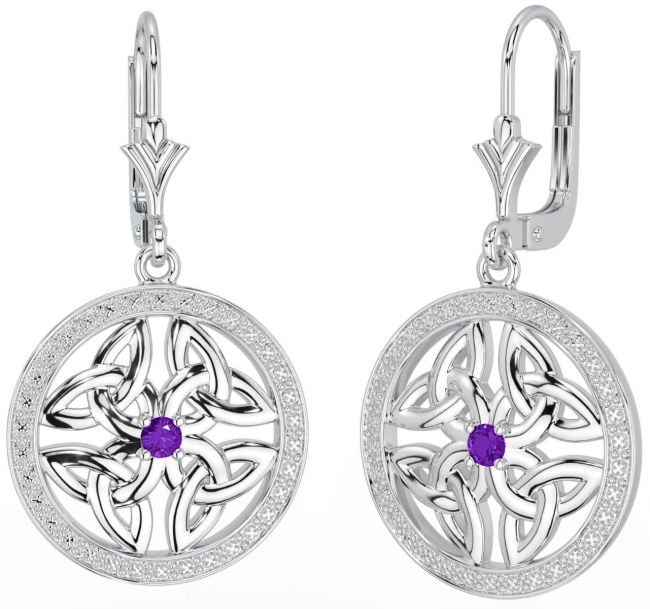 Amethyst White Gold Celtic Trinity Knot Dangle Earrings