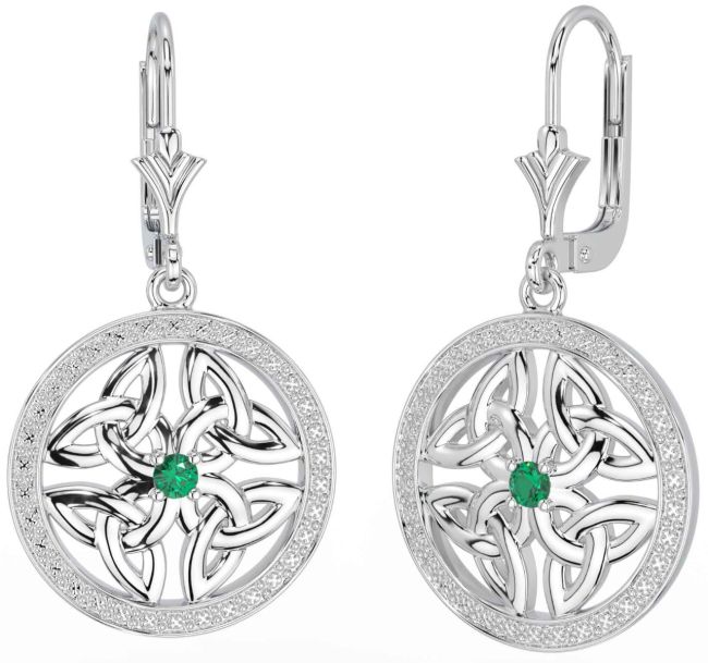 Emerald Silver Celtic Trinity Knot Dangle Earrings