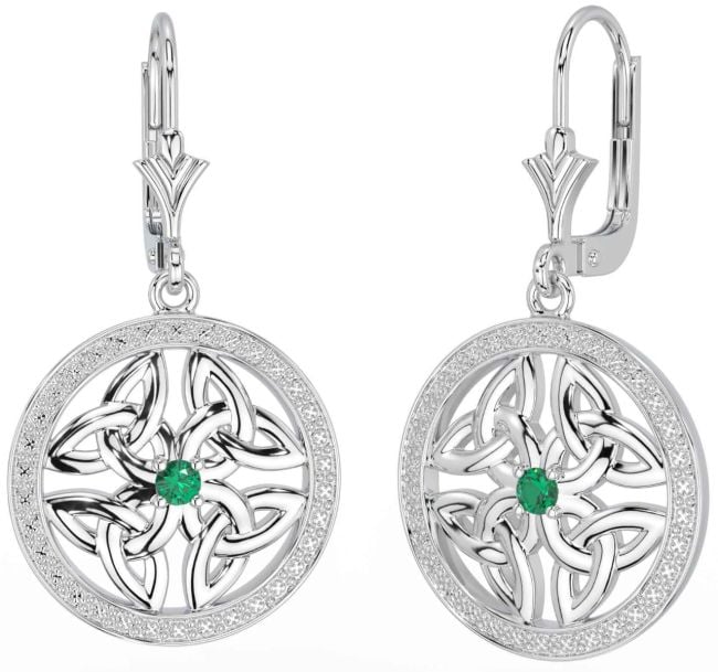 Emerald White Gold Celtic Trinity Knot Dangle Earrings