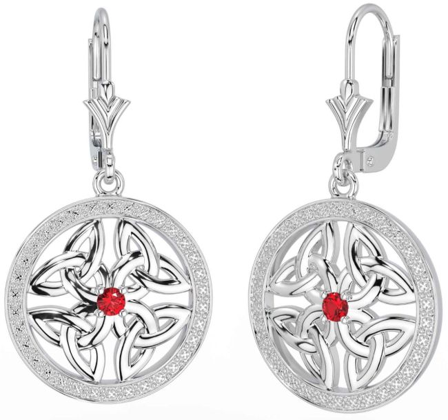 Ruby White Gold Celtic Trinity Knot Dangle Earrings