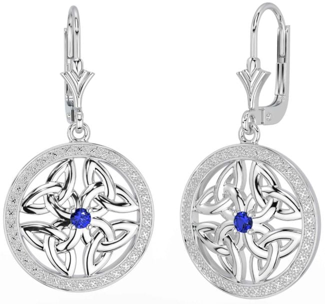Sapphire White Gold Celtic Trinity Knot Dangle Earrings