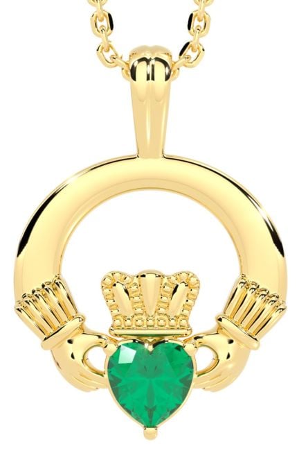 Gold Emerald .18cts Irish Claddagh Pendant Necklace - May Birthstone