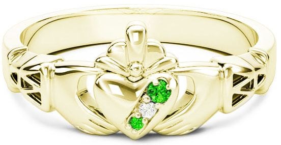 Gold Natural Emerald .035cts Natural Diamond .01cts Claddagh Celtic Knot Ring - May Birthstone