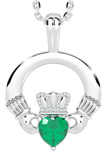 White Gold Emerald .18cts Irish Claddagh Pendant Necklace - May Birthstone