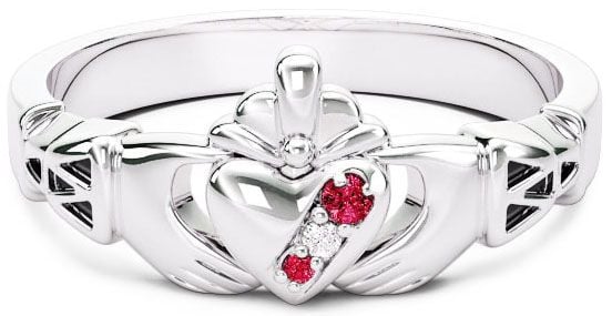 10K/14K/18K White Gold Genuine Red Garnet.035cts Genuine Diamond .1cts Claddagh Celtic Knot Ring - January Birthstone