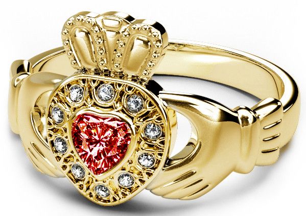 10K/14K/18K Gold Genuine Diamond .13cts Red Garnet .25cts Claddagh Engagement Ring - January Birthstone 
