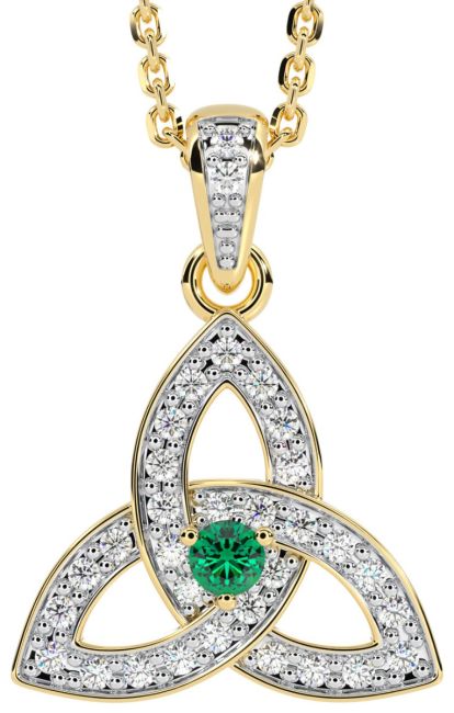 White & Yellow Gold Genuine Diamond .15cts Genuine Emerald .10cts Celtic Knot Pendant Necklace