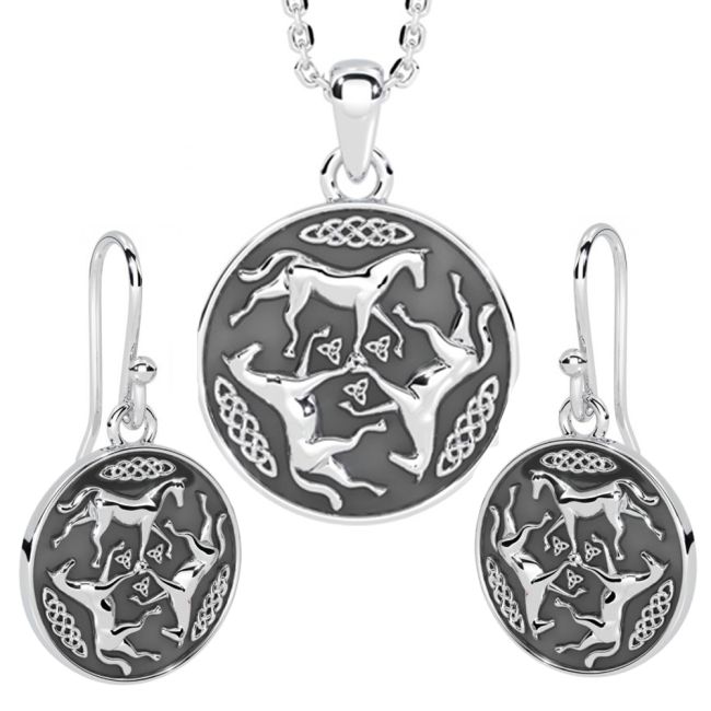 Silver Irish Celtic Horse Dangle Earrings + Pendant  Necklace Set