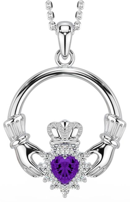 Amethyst Diamond Silver Claddagh Pendant Necklace - February Birthstone