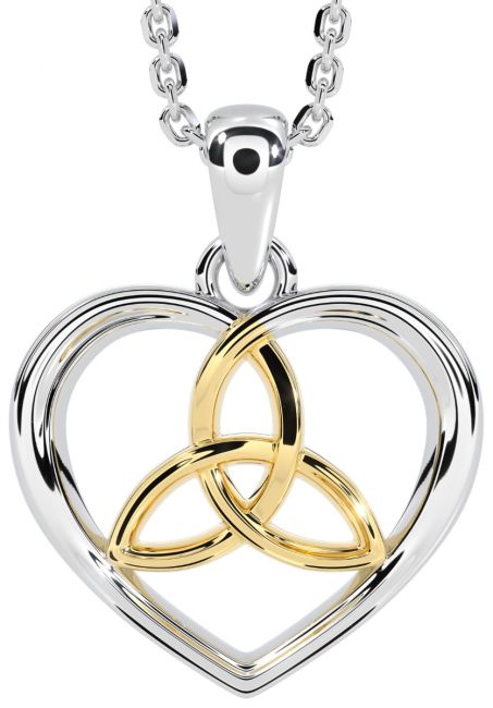14K Two Tone Gold Solid Silver Irish Celtic Knot Heart Pendant Necklace
