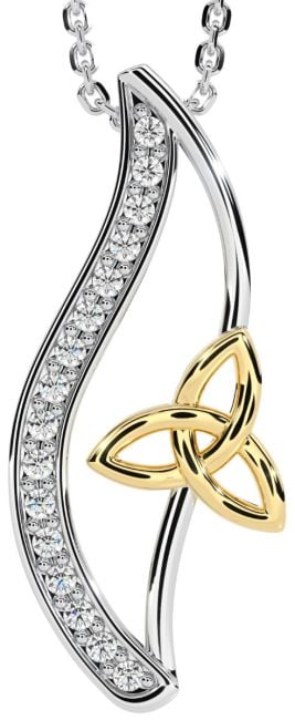 14K Two Tone Gold Solid Silver Diamond Celtic Pendant Necklace