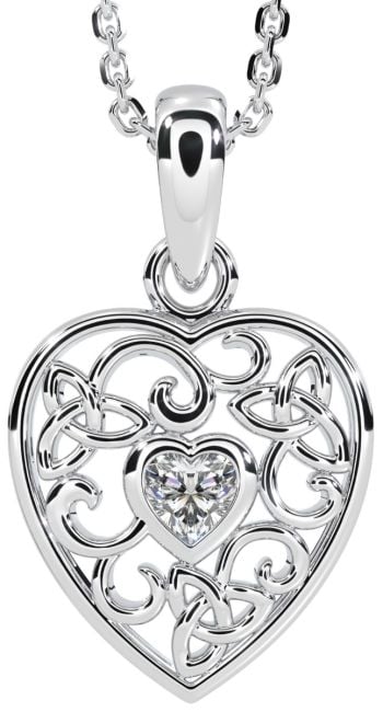 Diamond Silver Celtic Knot Heart Pendant Necklace