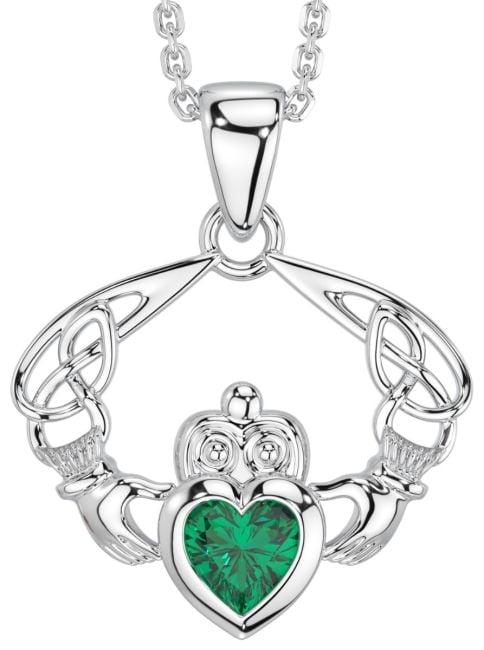 Silver Emerald Celtic Claddagh Pendant Necklace