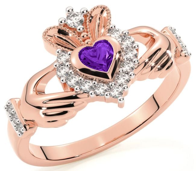 Ladies 10K/14K/18K Rose Gold Amethyst Diamond Claddagh Ring