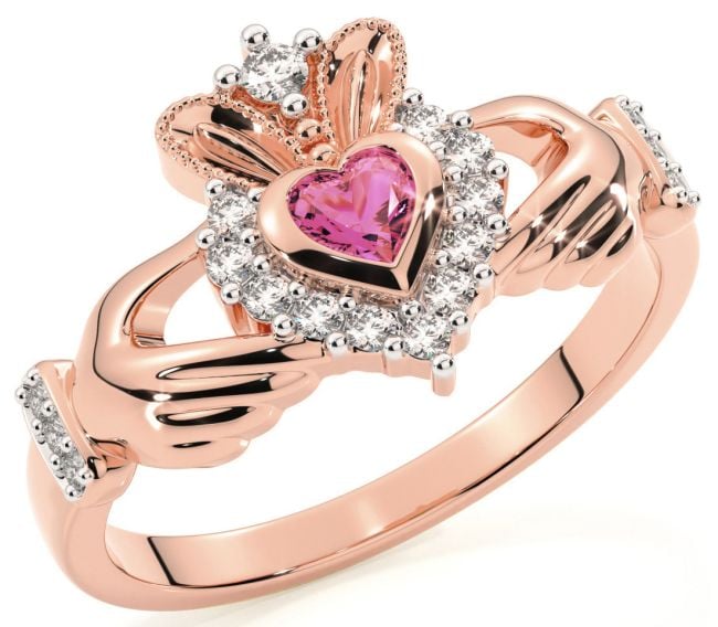 Ladies 10K/14K/18K Rose Gold Pink Tourmaline Diamond Claddagh Ring