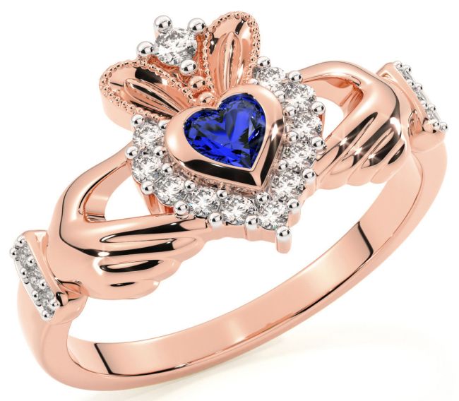 Ladies 10K/14K/18K Rose Gold Sapphire Diamond Claddagh Ring