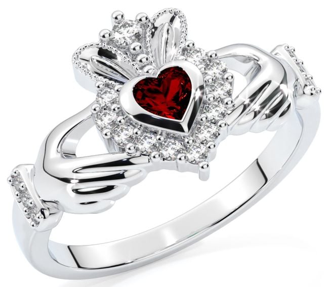  Garnet Diamond Silver Claddagh Ring - January Birthstone
