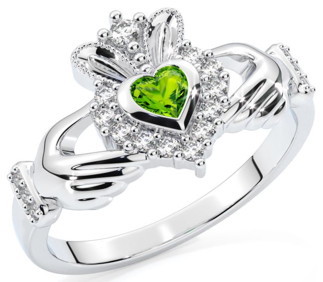 August Birthstone 10K/14K/18K Solid White Gold Claddagh Ring