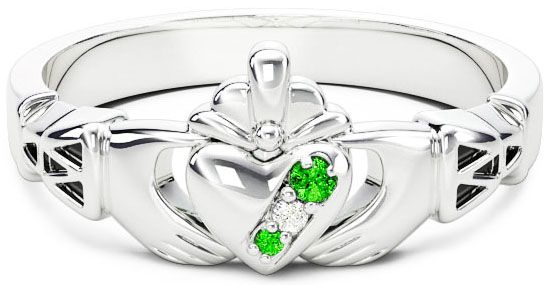 Ladies Emerald Diamond Silver Claddagh Ring