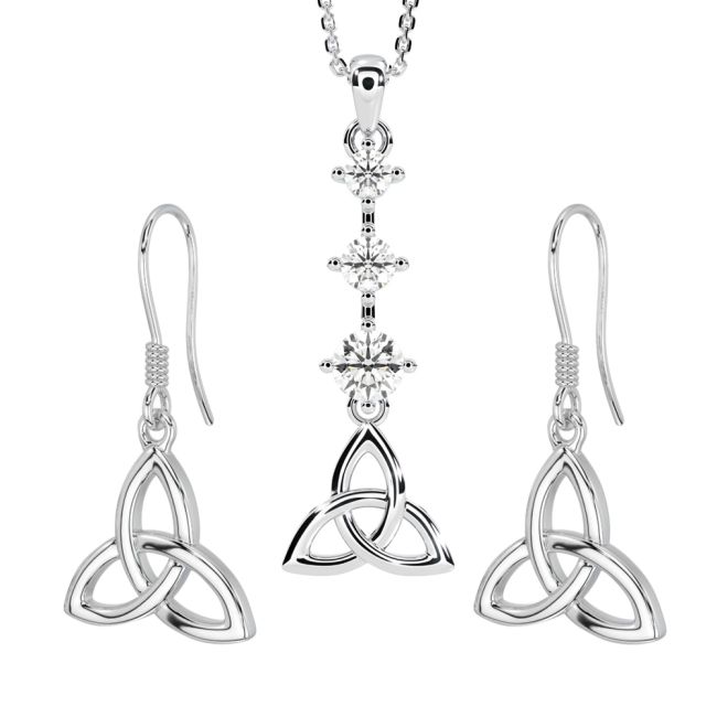 Silver Diamond Irish Celtic Knot Dangle Earrings & Pendant Necklace Set