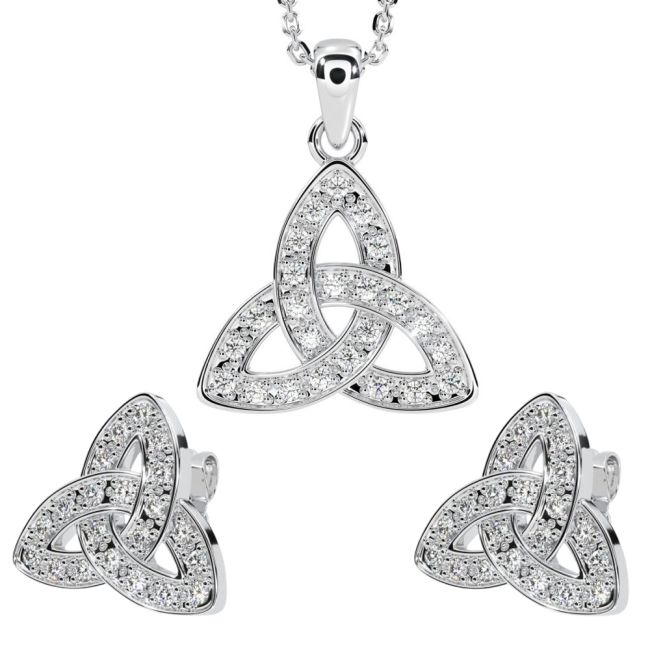 Silver Diamond Irish Celtic Knot Stud Earrings & Pendant Necklace Set