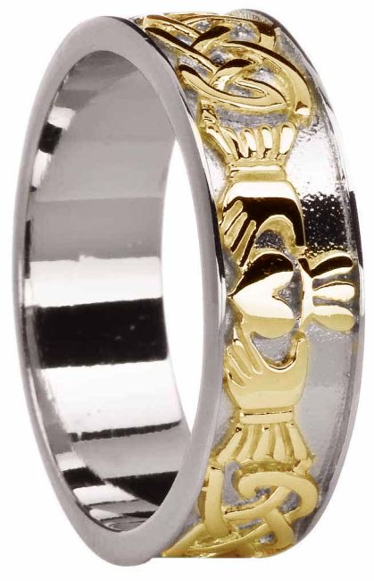 Mens White & Yellow Gold Celtic Claddagh Band Ring 