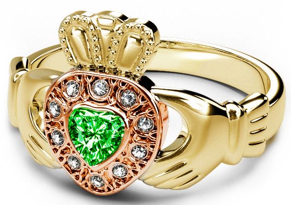 10K/14K/18K Two Tone Yellow and Rose Gold Genuine Diamond .13cts and Genuine Emerald .25cts Celtic Claddagh Ring