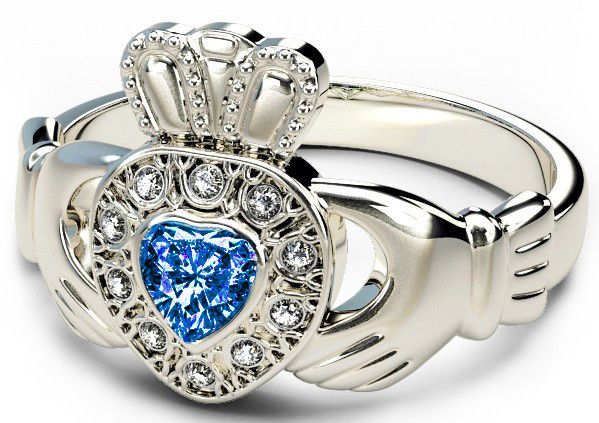 10K/14K/18K White Gold Genuine Diamond .13cts Genuine Sapphire .25cts Claddagh Engagement Ring
