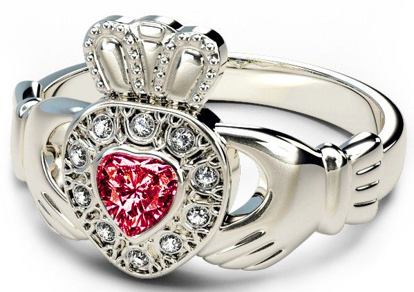 10K/14K18K White Gold Genuine Diamond .13cts Genuine Ruby .25cts Claddagh Engagement Ring