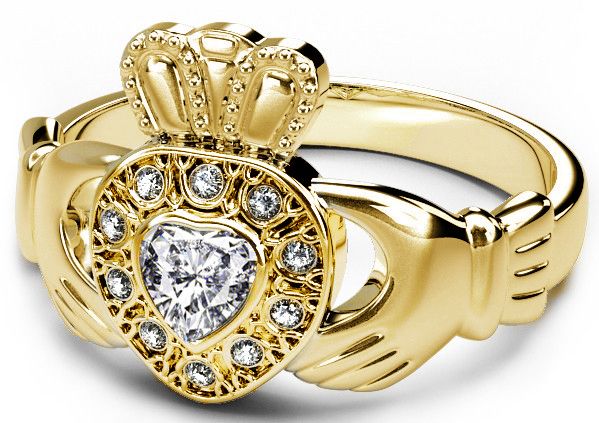 10K/14K/18K Yellow Gold Diamond Celtic Claddagh Ring