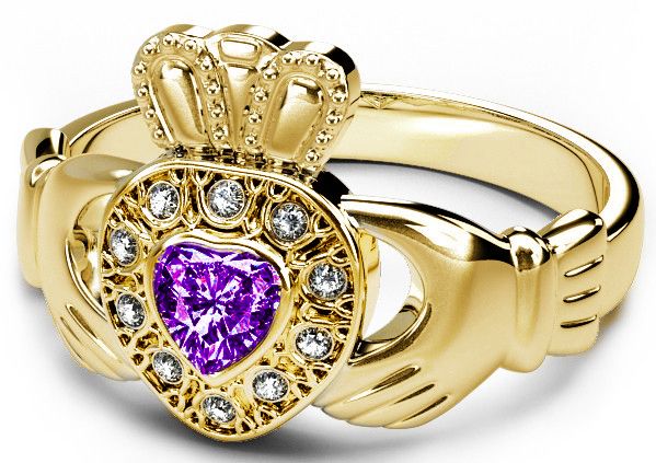 10K/14K/18K Gold Genuine Diamond .13cts Genuine Amethyst .25cts Claddagh Engagement Ring - February Birthstone