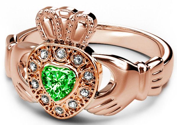 10K/14K/18K Rose Gold Genuine Diamond .13cts and Genuine Emerald .25cts Celtic Claddagh Ring - May Birthstone