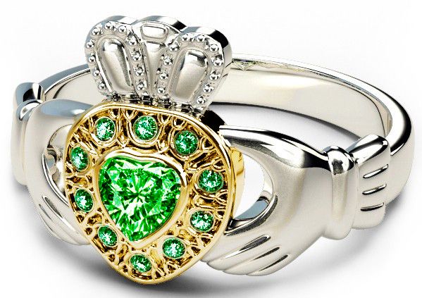 10K/14K/18K Two Tone White and Yellow Gold Genuine Emerald .38cts Claddagh Ring  