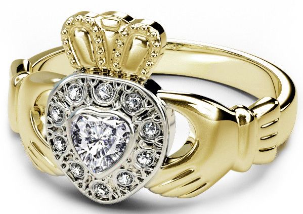 Yellow & White Gold Genuine Diamond .38cts Claddagh Ring - April Birthstone