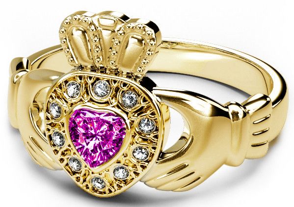 10K/14K/18K Gold Genuine Diamond .13cts Tourmaline .25cts Claddagh Engagement Ring - October Birthstone 