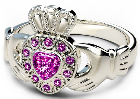 10K/14K/18K White Gold Genuine Pink Sapphire .38cts Claddagh Ring  