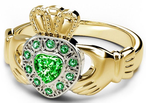 10K/14K/18K Two Tone Yellow and White Gold Genuine Emerald .38cts Claddagh Ring  