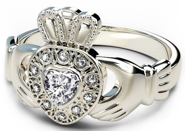 10K/14K/18K White Gold Genuine Diamond .13cts Claddagh Engagement Ring - April Birthstone