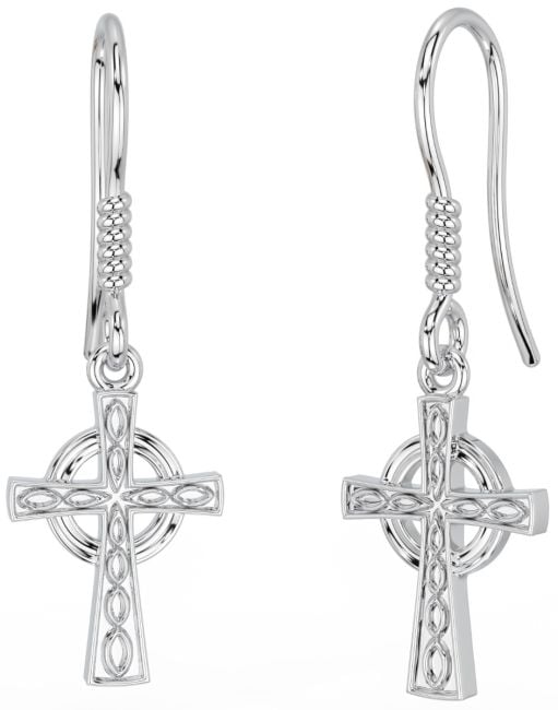 Silver Irish Celtic Cross Dangle Earrings